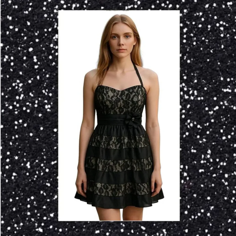 Cocktail Party Evening Black Lacey Layers Satin Strapless Sweetheart Mini Dress